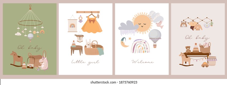 Set Of Cute Boho Baby Cards In Scandinavian Style. Cartoon Doodle Kids Clipart For Baby Shower Invitation Card, Poster. Editable Vector Illustration.