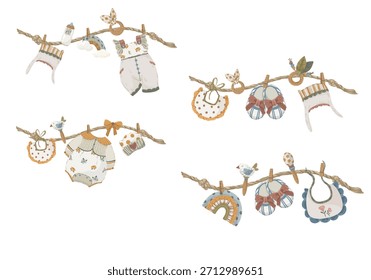 Set von niedlichen Boho Babyartikel und eine Schnecke Charakter. Handgezeichnete Vektorskandi-Accessoires wie Schuhe, Flasche, Lätzchen, Socken, Rassel und Blumenelemente für die Duschdekoration von Neugeborenen.