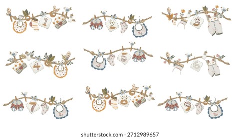 Conjunto de artículos de bebé boho lindo y un personaje de caracol. Accesorios dibujados a mano del escándalo del Vector incluyendo zapatos, botella, babero, calcetín, sonajero y Elementos florales para la decoración de la ducha del recién nacido.