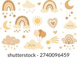 Set of cute boho baby objects in Scandinavian style: rainbow, clouds, stars, moon, balloons, hearts, sun. Doodle kid clipart for baby shower invitation, nursery room decor, poster and cards.