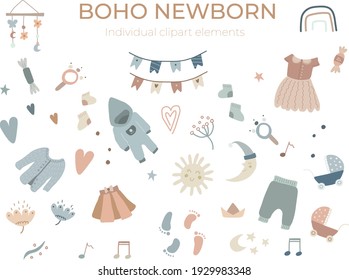 Set of cute boho baby objects in Scandinavian style. Cartoon and trendy newborn illustrations, cliparts, icons 
for invitation card, instagram, room decor, poster. Isolated vector, editable.