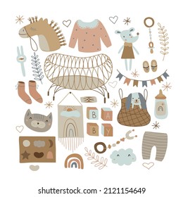 Set of cute boho baby objects in Scandinavian style. Cartoon doodle kids clipart for baby shower invitation card, nursery room decor, poster. Editable vector illustration.