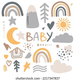 Set of cute boho baby objects in Scandinavian style. Cartoon doodle kids clipart for baby shower invitation card, nursery room decor, poster.