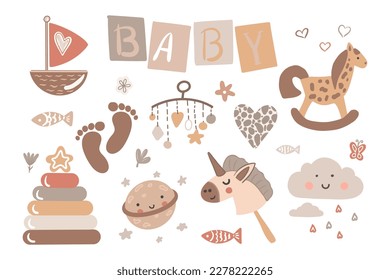 Set süße Babyobjekte im skandinavischen Stil. Cartoon Doodle Kinder Clipkunst für Babydusche Einladungskarte, Kinderzimmer-Dekoration, Poster. Bearbeitbare Vektorgrafik.