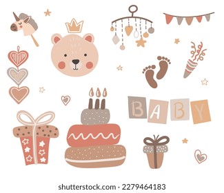 Set süße Babyobjekte im skandinavischen Stil. Cartoon Doodle Kinder Clipkunst für Babydusche Einladungskarte, Kinderzimmer-Dekoration, Poster. Bearbeitbare Vektorgrafik.