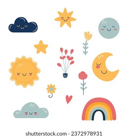 Set of cute boho baby objects in Scandinavian style.