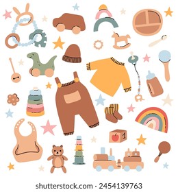 Set of cute boho baby objects in Scandinavian style. Cartoon doodle kids clipart for baby shower invitation card, nursery room decor, poster. Vector illustration.