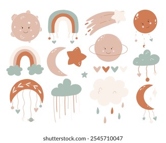 Set von niedlichen Boho Babyobjekten im skandinavischen Stil. Boho Stil Kinderzimmer Dekoration.Vektor handgezeichnete Boho Clipart für Kinderzimmer Dekoration mit niedlichen Regenbogen und Mond, Sonne, Wolke. Vektorgrafik