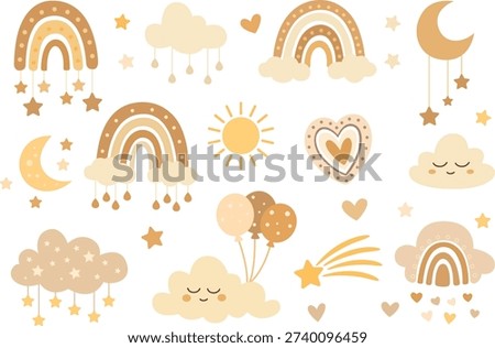 Set of cute boho baby objects in Scandinavian style: rainbow, clouds, stars, moon, balloons, hearts, sun. Doodle kid clipart for baby shower invitation, nursery room decor, poster and cards.