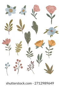 Set von niedlichen Boho Blumen und Blätter. Einzeln handgezeichnete Vektorskandi Blumenelemente, Beeren, Äste und botanische Füllstoffe für Kindergarten Dekor, Muster, Hochzeitseinladungen und Designs.