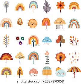 Set of cute boho rainbows collection with autumn colours Scandinavian style.