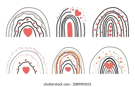 Conjunto de lindos arcos de boho con corazones.  El minimalismo abstracto. La decoración de las paredes. Elementos de diseño para portada de libros, plantilla de página, impresión, tarjeta, folleto, revista, afiche. Vector