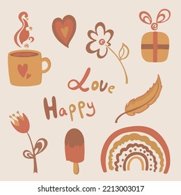 Set of cute boho-style objects, heart, mug, rainbow, flowers, feather, gift, vector