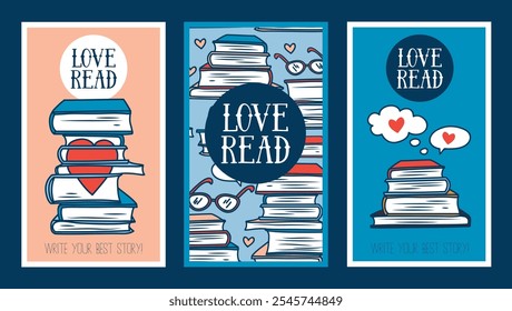 Set of cute book cards for read lovers, can be uased book club or book shop, vector illustration