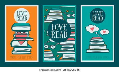 Set of cute book cards for read lovers, can be uased book club or book shop, vector illustration