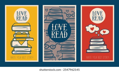 Set of cute book cards for read lovers, can be uased book club or book shop, vector illustration
