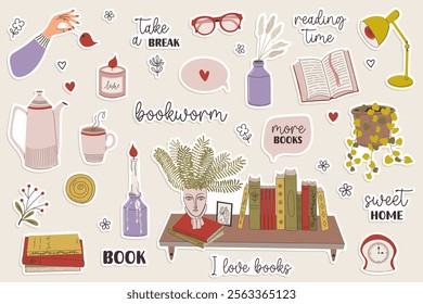 Set of cute book theme stickers. Cozy reading nook with decorative elements and inspiring quotes. Collection of book-related decorations, including plants, candles, and art. Doodle style clipart.