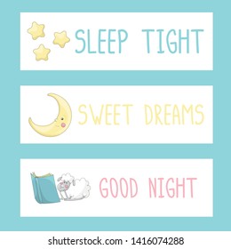 Set of cute bookmarks, flyers or greeting cards templates with yellow stars, moon, sheep reading a book and text samples. White background. Cartoon style illustration. Vector.