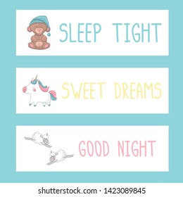 Set of cute bookmarks, flyers or greeting cards templates with sleeping bear, unicorn, jumping sheep and text samples. White background. Cartoon style illustration. Vector.