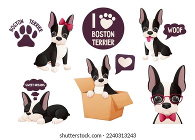 Set Cute Boston terrier stickers, cool sweet puppy in cartoon style isolated on white background. Cute dog, print design