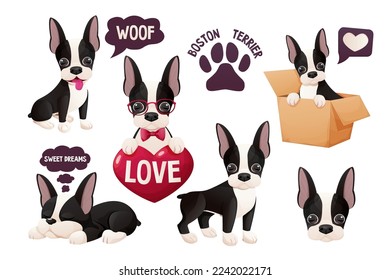 Set Cute Boston terrier stickers, cool sweet puppy in cartoon style isolated on white background. Cute dog, print design