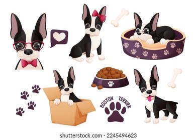 Set Cute Boston terrier stickers, cool sweet puppy in cartoon style isolated on white background. Cute dog, print design