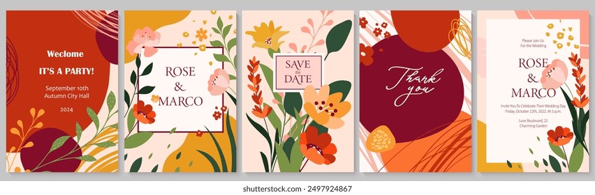 Set of cute botanical cards. Wedding, thank you card, invitation design with flofers, abstract forms. Bright colorful illustration. Place for text. 