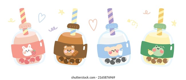 Set cute bottle with bubble milk on white background.Strawberry,fresh,chocolate,banana flavor.Rabbit,bear,dog,frog hand drawn.Doodle.Kawaii.Vector.Illustration.