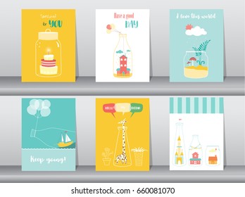 Set of cute bottle designs,poster,template,greeting cards,hand drawn,Vector illustrations