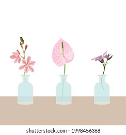 Set with cute bottle vase bouquet with pink flowers for card, poster, flyer and other users. Mint colors. 