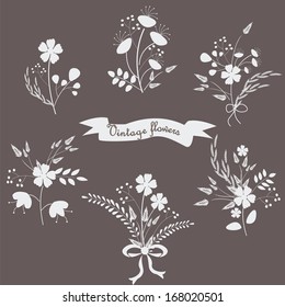 Set of cute bouquets isolated on black background. Wedding set.