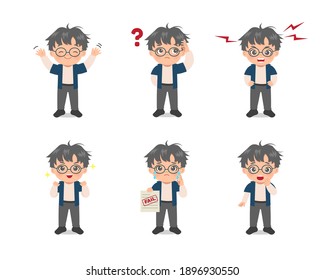 Set of cute boy avatar expressions. Waving hands, confused, angry, happy, failed at exam, crying, shocked. Flat vector design. 