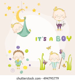 Set of Cute Boy, for Baby Shower or Arrival Card. Vector