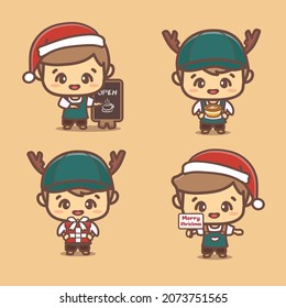 Set of cute boy barista coffee christmas concept character, holding gift and coffee.