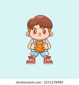 set Cute boy basketball player play basket character chibi kawaii mascot illustration outline style design