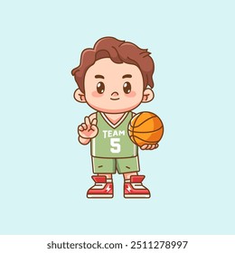 set Cute boy basketball player play basket character chibi kawaii mascot illustration outline style design