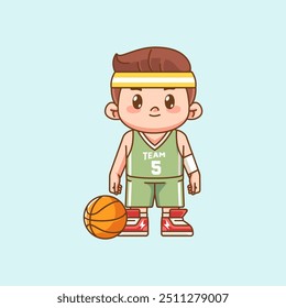 set süß junge basketball spieler spielen korb charakter chibi kawaii maskottchen illustration umriss stil design