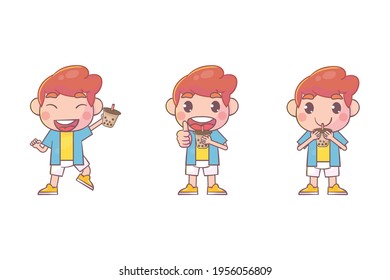 Set of cute boy with boba kawaii Premium Vector
