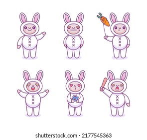 Set of cute boy in bunny costume mascot character. illustration for t shirt, poster, logo, sticker, or apparel merchandise. Kawaii and soft pop style.