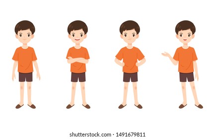 set of cute boy in casual custom, confidence young man character, vector cartoon illustration