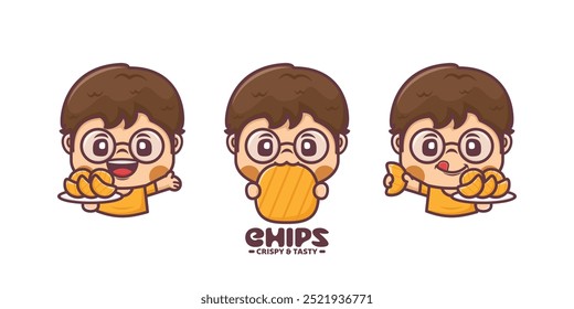set of cute boy with chips cartoon character design, vector illustration in outline style.