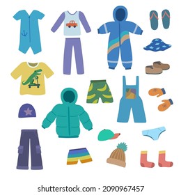 Set de ropa de niño lindo al estilo de dibujos animados de doodle. Pintura vectorial de vestir para el diseño.