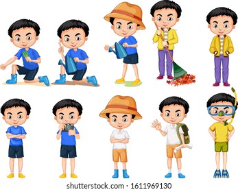 Set of cute boy doing different actions illustration