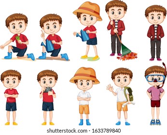 Set of cute boy doing different activities illustration