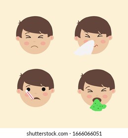 Set Cute Boy Emoticon Sick Exspressions Vector