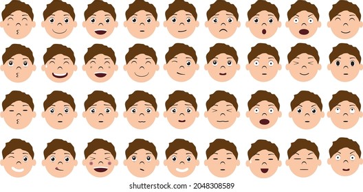 Set of cute boy emotions vector illustration. Boy's facial expression collection. Cartoon boy face character