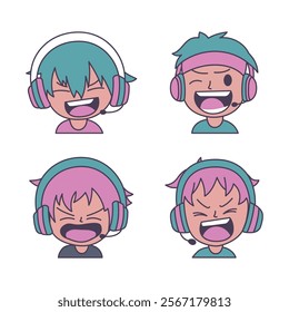 Set of Cute Boy Gamer Anime Cartoon Character Wearing Headset with Shouting Expression