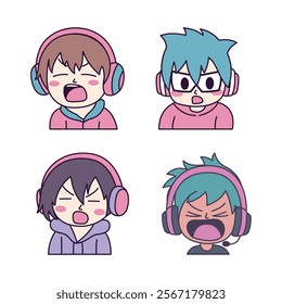 Set of Cute Boy Gamer Anime Cartoon Character Wearing Headset with Shouting Angry Expression