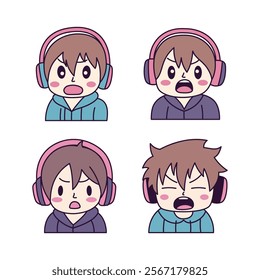 Set of Cute Boy Gamer Anime Cartoon Character Wearing Headset with Shouting Angry Expression