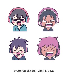 Set of Cute Boy Gamer Anime Cartoon Character Wearing Headset with Shouting Angry Expression